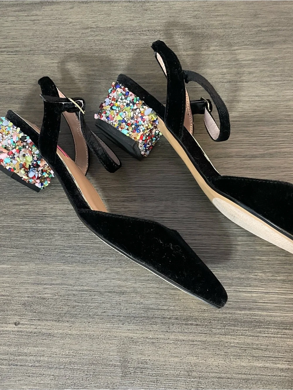 Betsey Johnson Lena Black Velvet Ankle Strap Pumps Glitter Block Heel Size 9